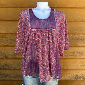 Love Fire Purple Floral Sheer Butterfly Sleeve Short Sleeve Blouse Size M